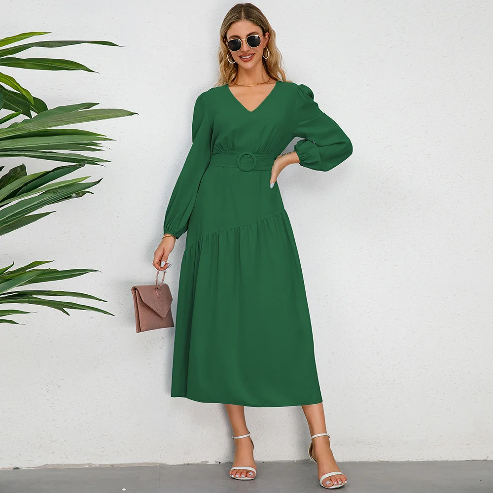 

Autumn Winter V-neck Solid Color Lace Up Dress Women Long Sleeve High Wiast Slim Fit Long Dresses Elegant Folds Party Vestidos
