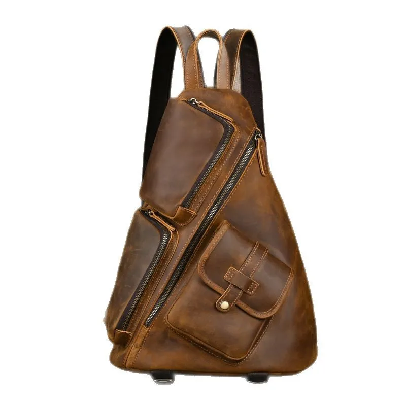 Vintage Crazy Horse Leather Backpack for Men Large Cowhide Rucksack with Multiple Pockets, Retro Travel Bag