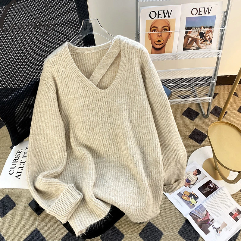 

Korean Irregular V-Neck Sweater Women Elegant Long Sleeve Knited Jumper All-Match Solid Colors Fall Winter Bottoming Top Design
