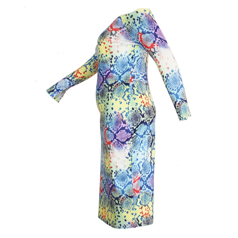 Sexy One Word Collar Multicolor Printing Long Sleeve Autumn Female Clothing Elegant Plus Size Bag Hip Mid-CaIf Pencil Dresses