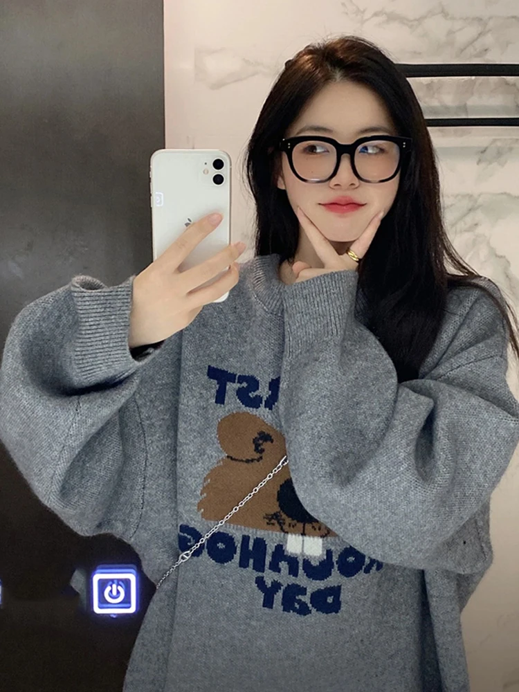 

Свитер женский с длинным рукавом, Осень-зима 2023, новинка, жаккардовая Свободная верхняя одежда средней длины с изображением медведя, трикотажный топ