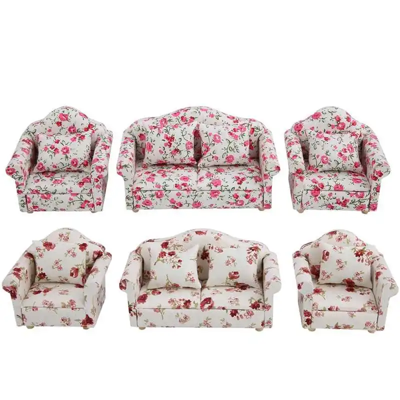 

1/12 Scale Dollhouse Miniature Sofa Pillows Set Flower Pattern Mini Furniture Sofa Set With Back Cushions Decor Accessories