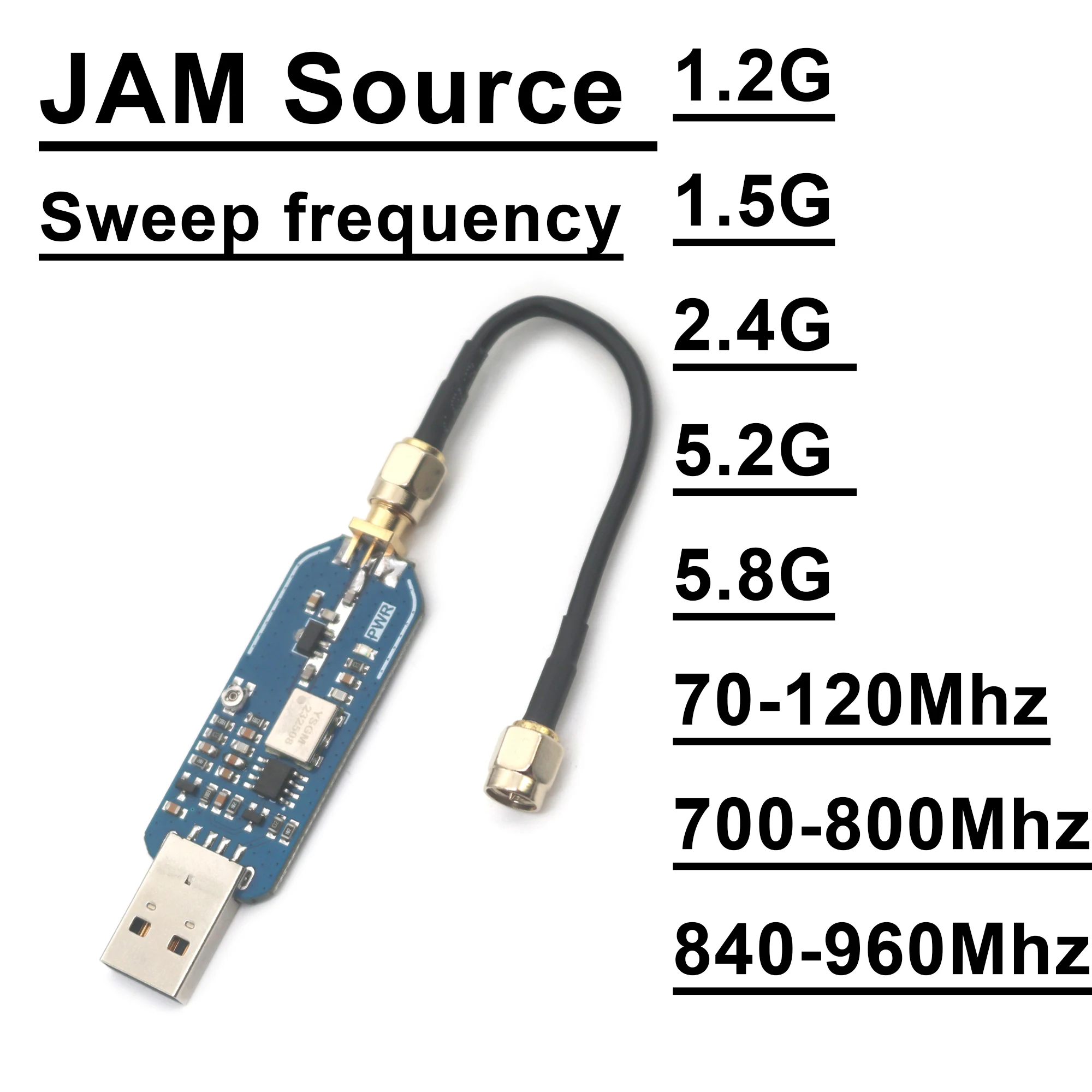 USB RF 스위프 주파수 JAM 소스, 와이파이 블루투스 FM 라디오 UAV RF 전력 증폭기용, 70-120m, 700-800M, 915M, 1.2G, 1.5G, 2.4G, 5.8G