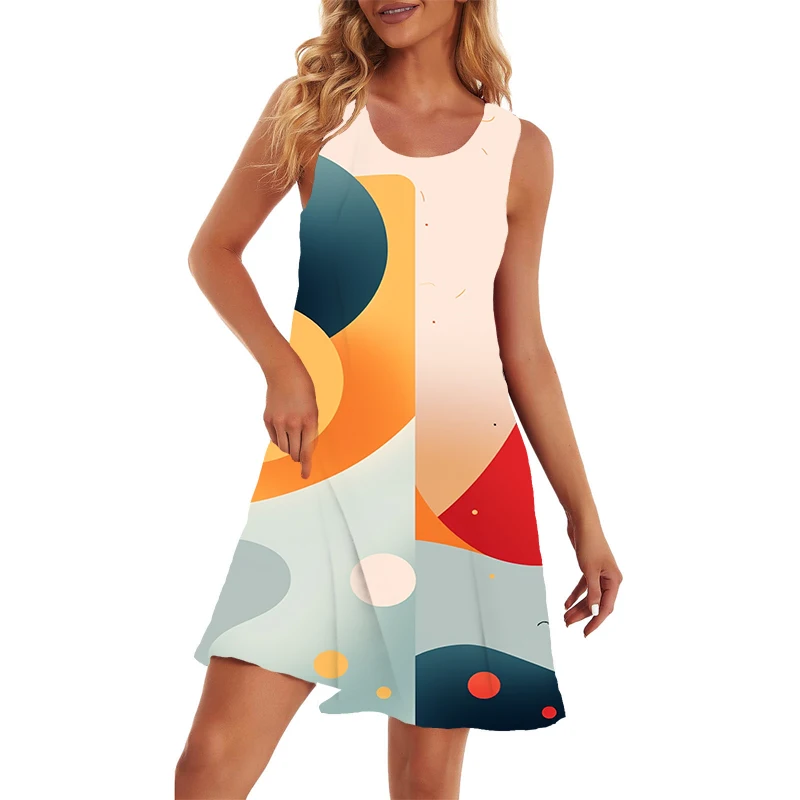 

Summer new lady's sleeveless dress color block stitching 3D printed ladies sleevelessdress trendy casual ladies sleeveless dress