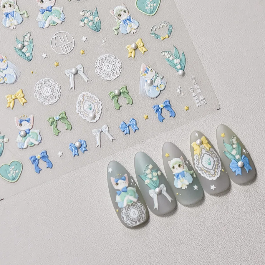 1 Sheet Nail Stickers High Quality Cute Flower Rabbit Cat Bowknot Design Adhesive Stickers wedding Nail Art Decoration T-4345 4