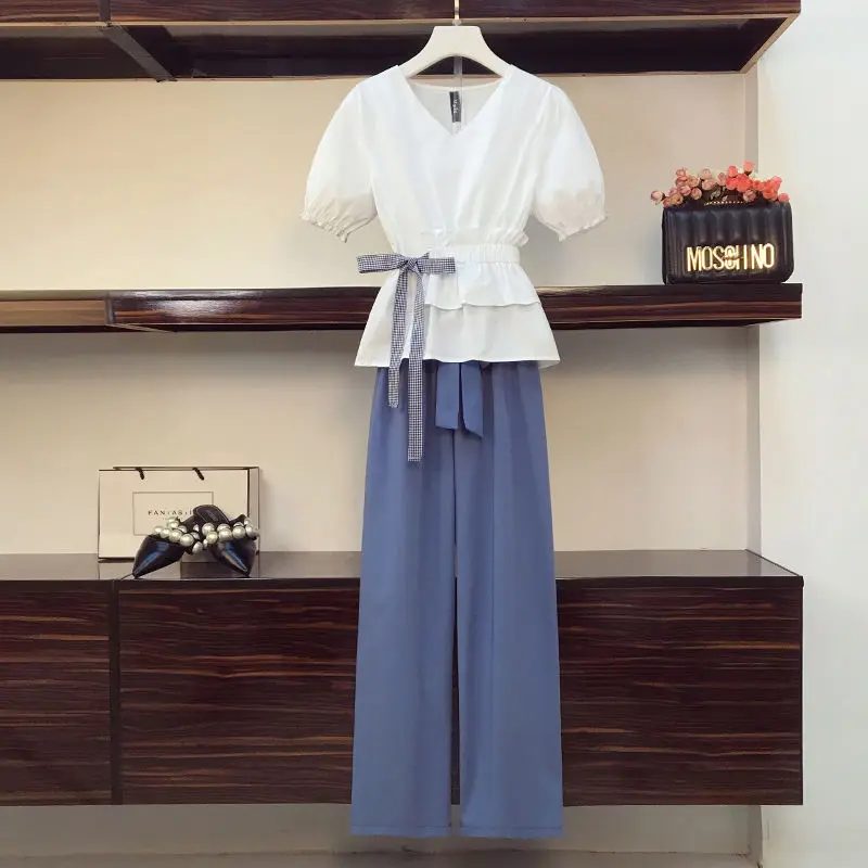 2024 Spring/Summer New Large Women's Loose and Slim Bubble Sleeves Bow Tie Waist Waist Wide Leg Pants Set Two Pieces for Woman