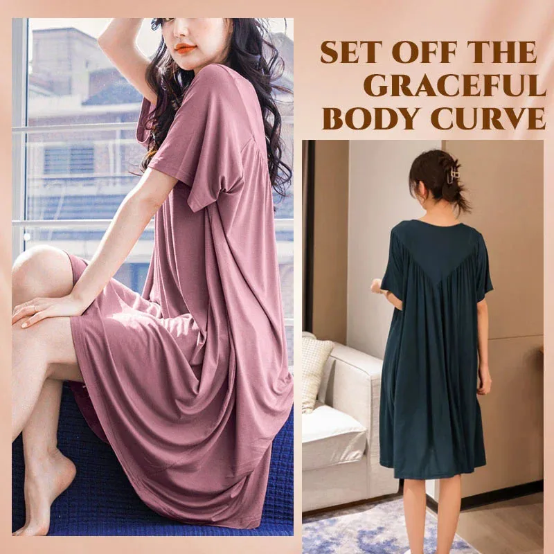 

Super Soft Comfortable Short Sleeve Loose Pajama Dress Female Korean Loose V-Shaped Long Nightdress Modal Bottoming Night Shirt