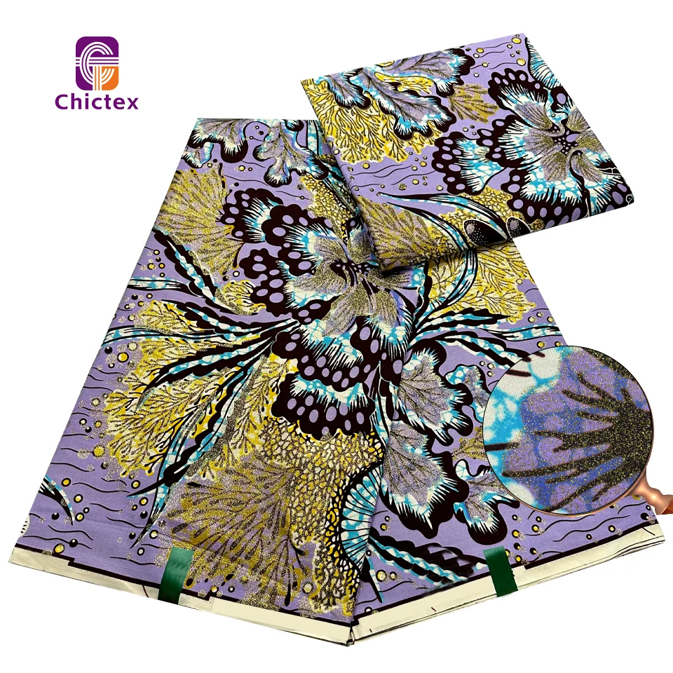 African Ankara Wax 6 Yards 100% Cotton Grand Super Glitter Wax Print Fabrics For Garment