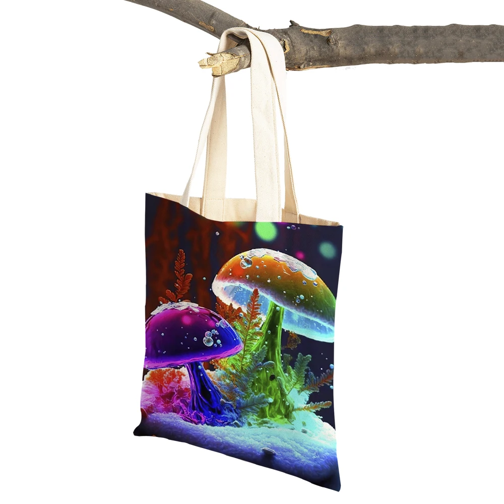 

Double Print Glowing Mushroom Tote Girl Floral Handbags Fashion Canvas Cartoon Plant Shopper Bags Flowers Women Shopping Bag