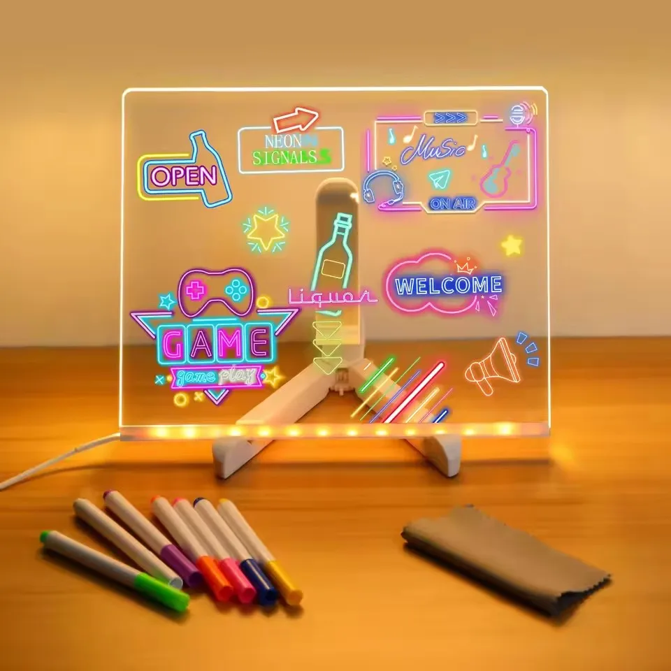 LED Note Board With Night Light Colorful 7 Pens DIY Acrylic Message Board Children‘s Drawing Board For Kids Birthday Gift