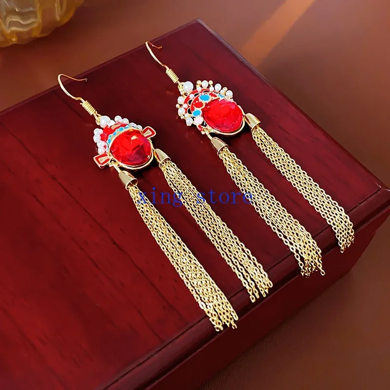 2024 Fashionable New Ethnic Style Simulated Pearl Inlaid Droplet Glazed Tassel Women's Earrings
