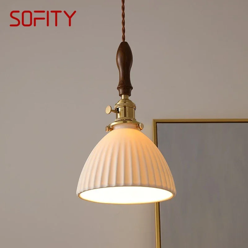 SOFITY Nordic Brass Pendent lamp  Modern Bedroom Bedside lamp Retro Ceramic LED Restaurant Bar Aisle Chandelier