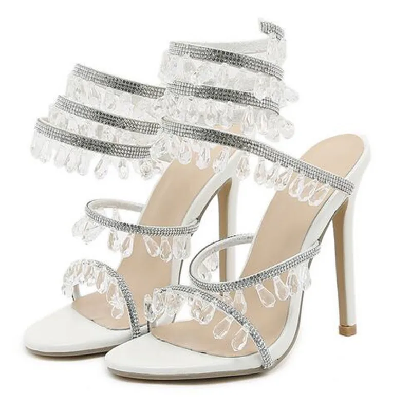 2023 New Women's Sandals Luxury Rhinestone Wraparound Ankle Women's Stiletto Heels Wedding Shoes Banquet Shoes