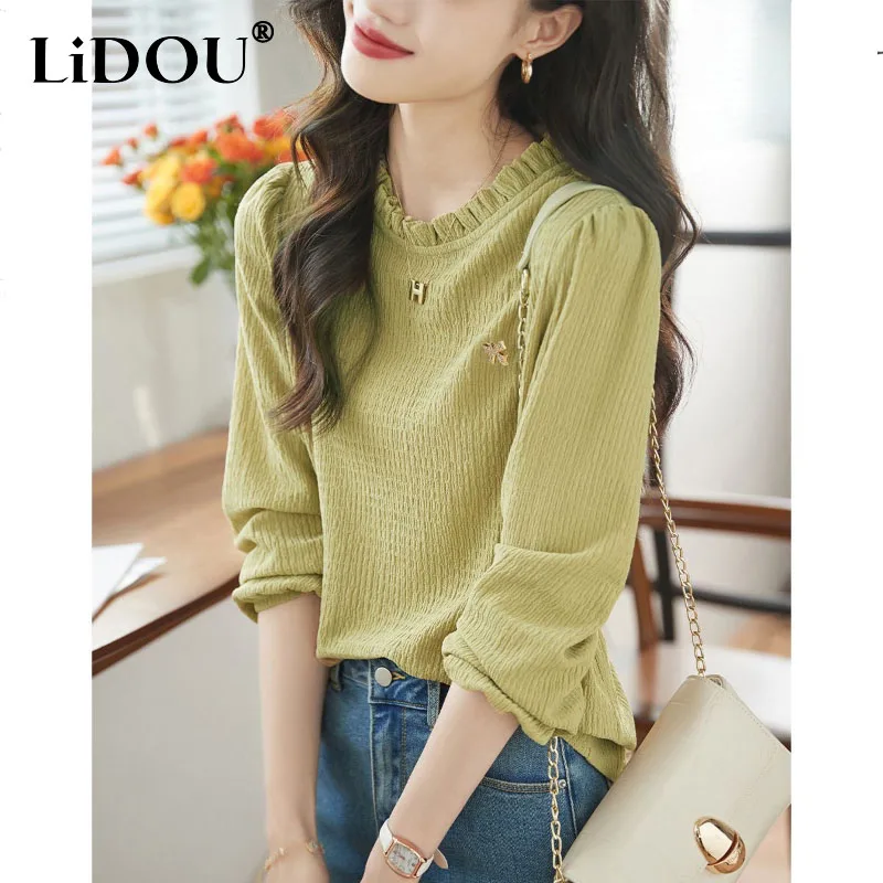 

Spring Autumn Korean Popularity Fashion Solid Color Tops Women Tees Pleated Long Sleeve Pullovers Bottoming Office Lady Shirt