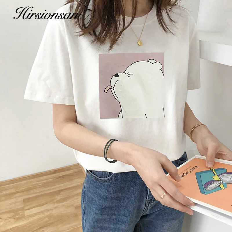 Hirsionsan 100% Cotton T Shirt Women Female Kawaii Bear Print Soft Clothes Oversized Tops Casual Ins 2020 Harajuku Chic Tees | Женская