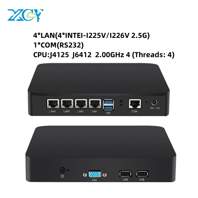 Xcy Router Fanless J4125 J6412 4 * Lan I225V/I226V 2.5G Rs232 1 * Com Vga Ddr4 4G Moduli Windows10/11 Linux Mini Pc Laptop Computer