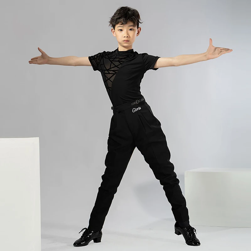 Kids Boy Latin Dance Costumes Children Long Sleeve High-Neck Tops Ballroom Cha Cha Dance Training Clothes Black Shirt XH1831 dance shirts