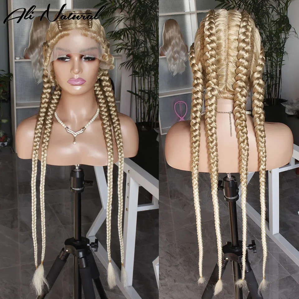 

27 Ombre Blonde 613 Color 4 Long Box Box Braids Synthetic 360 Lace Braided Wig for Black Women Glueless Braiding Lace Wig