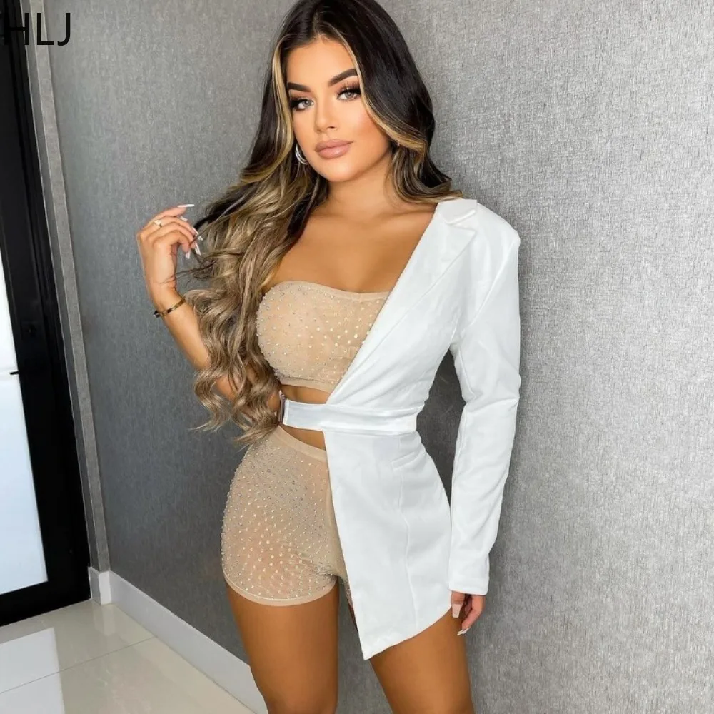 HLJ Fashion Rhinestone Hollow Out Shorts Two Piece Sets Women One Shoulder Sleeve Tube And Shorts Party Club Outfits Clothing
