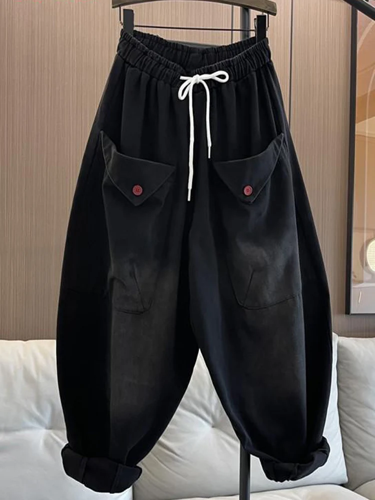 

Workwear Pockets Washed Old Jeans Women Autumn And Winter Elastic Waist Loose Streetwear Drawstring Denim Cropped Pants Trend