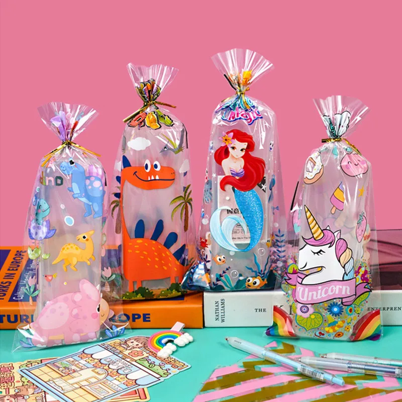 

50Pcs Cartoon Mermaid Unicorn Dinosaur Children Birthday Day Gift Bags Snack Candy Packaging Clear Flat Pocket With Tie