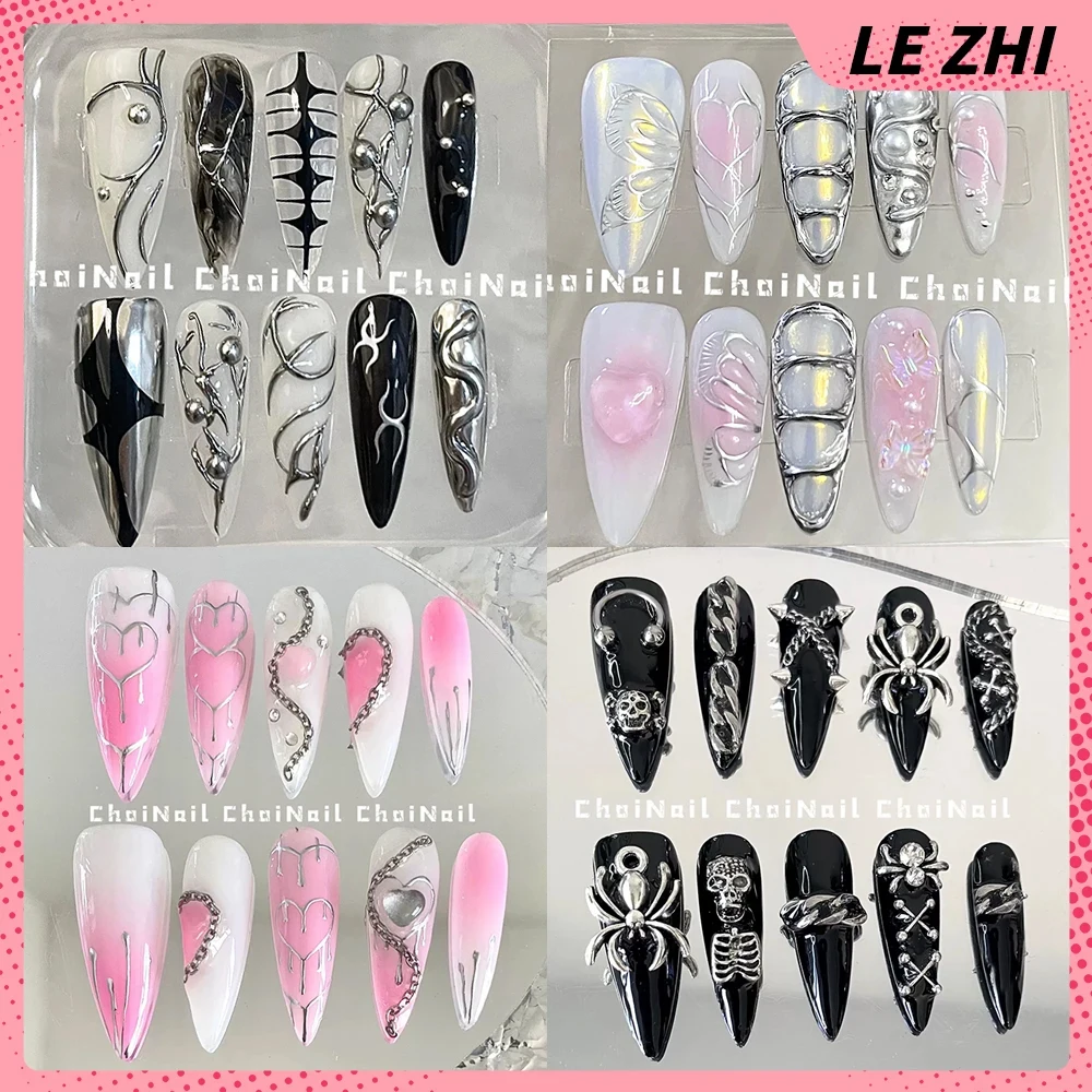 

Gothic Punk Stiletto Magic Mirror Powder Wearable Press on Nails Irregular Line Design Luxurious Anniversary Gift Nail Tips Art