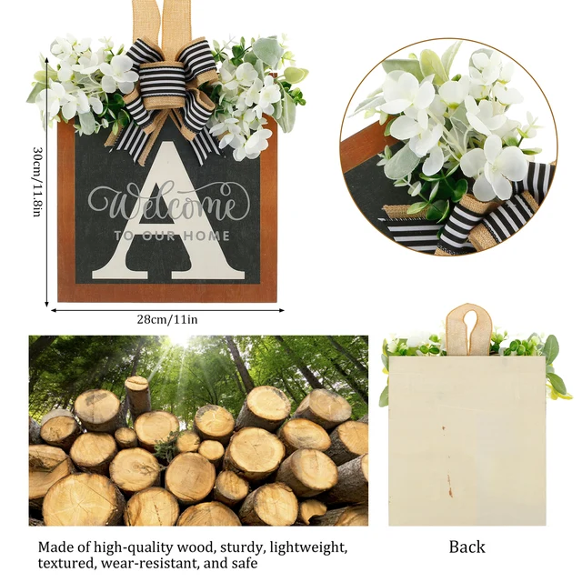 Vezetéknév A Bejárati Ajtó Koszorú Kreatív Üdvözlő Jel Rusztikus Levél Parasztház Csokornyakkendővel És Eukaliptusz Koszorúval - Image 6