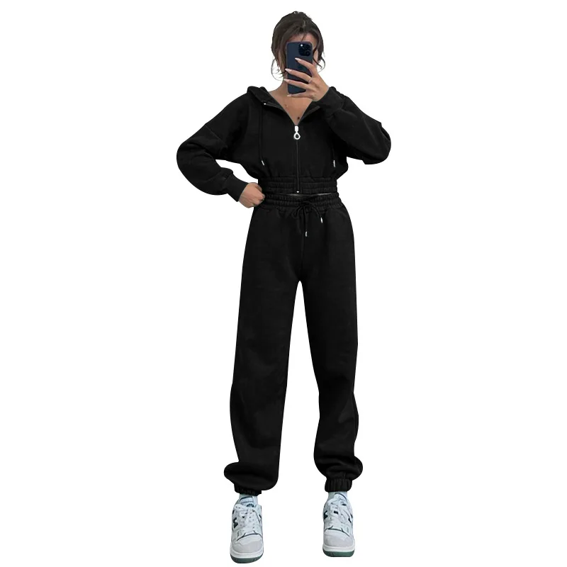 Autumn and Winter New Women's Fashion Casual Sports Hoodie Zipper Hoodie Waist Top Strap Elastic Trousers Ladies Two-piece Suit