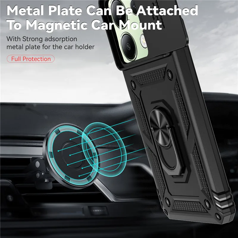 Phone case Slide Camera Lens Armor Phone Case for Xiaomi Redmi Note 13 5G Note13 Pro 13Pro 4G Car Magnetic Holder Ring Back Cover