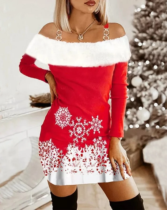 montaje Rango parcialidad Vestidos de Navidad para mujer, moda de otoño, 2022, estampado de copo de  nieve, ribete peludo, hombros descubiertos, informal, manga larga, Mini  vestido recto| | - AliExpress