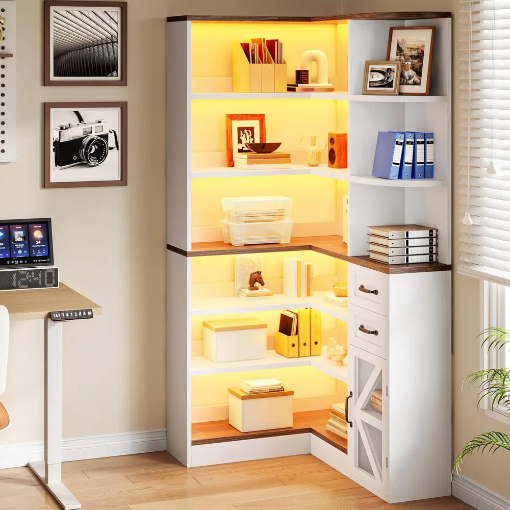 corner bookshelf with storage, farmhouse 6-tier bookshelf with drawers and cabinets, l-shaped bookcase led lights corner displa