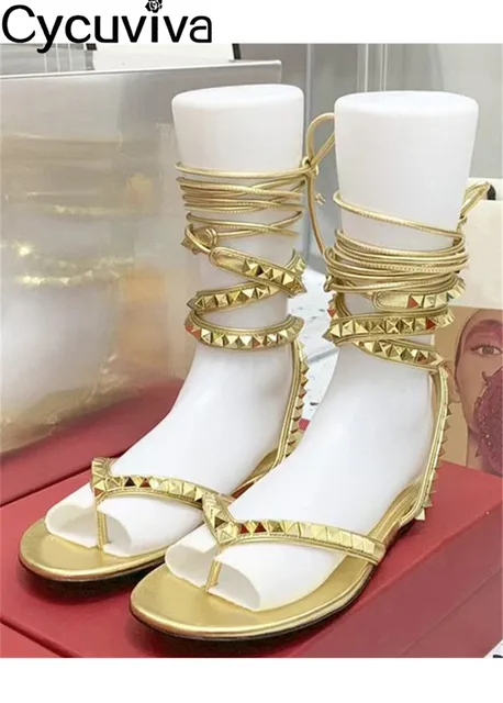 Sandalias planas con tachuelas y clavos dorados para mujer, chanclas con zapatos de verano para vacaciones en la playa, color negro, novedad| | - AliExpress