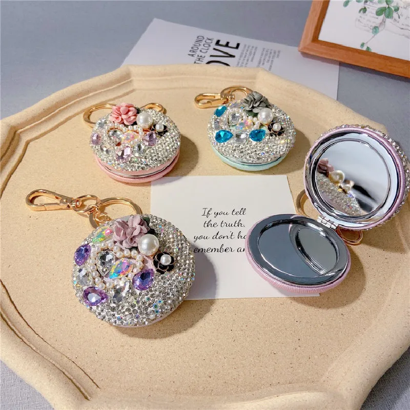 Creative diamond camellia makeup mirror car keychain creative round small mirror bag pendant portable make-up gift