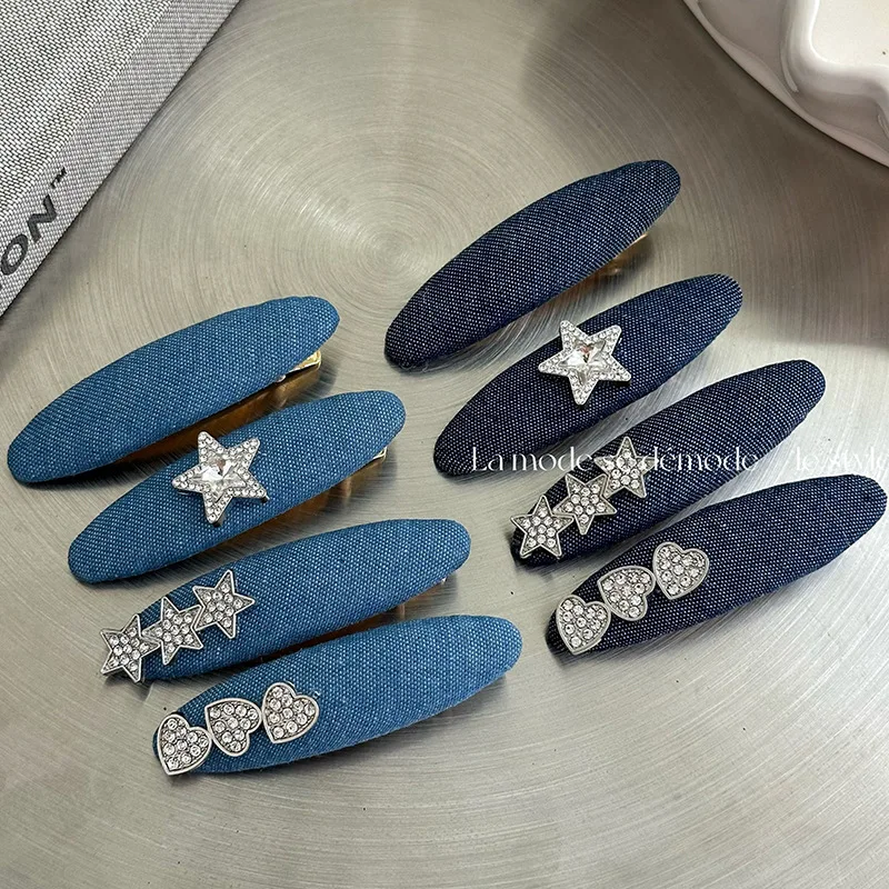 Y2K New Hair Clips Denim Fabric Barrettes Crystal Star Heart Geometric Solid Color Bang Side Pin Korean Women Hair Accessories cotton denim cap newborn baby jean hat infant photography props cowboy hat for photo shooting accessories