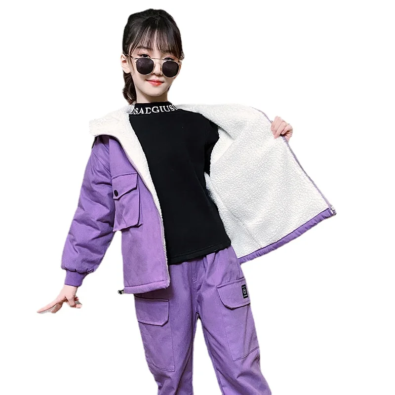 

Girls Winter Suits Thickened Warm Hooded Jacket + Overalls 2pcs Kid Clothes for Teens Casual Lamb Fleece Sportswear Set 4-14 Yrs