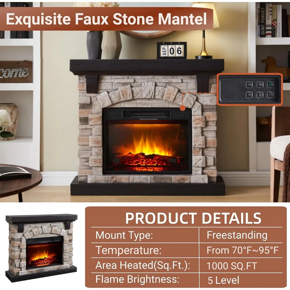 Electric Fireplace with Mantel, 40”W Faux-Stone Fireplace Mantel, Tall Fire Place Freestanding,40”Wx12”Dx35”H 5