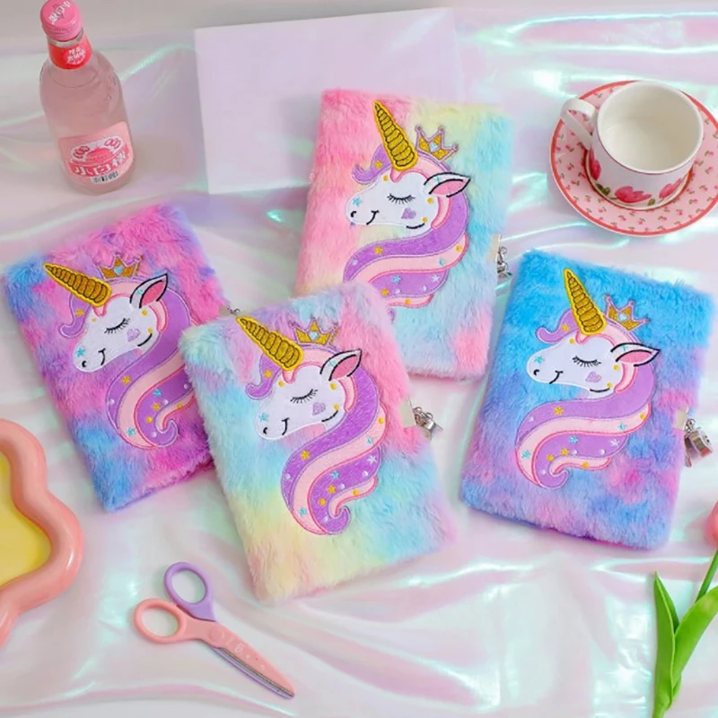 Cartoon Cute Unicorn Notebook Plush Hand Book Diary Book With Lock For Kids Student School Sketchbook Stationery Gift 10pcs set printed unicorn mermaid donuts hair bow with clip for girls cute hair clip headwear barrettes baby hair accessories