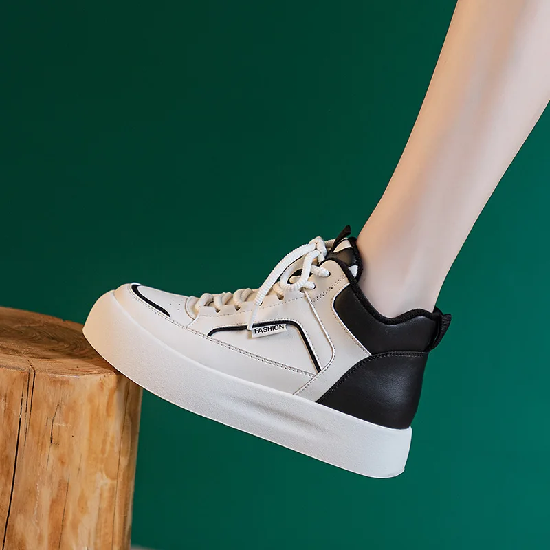 women's shoes genuine leather high top dad's shoes 2023 autumn and winter plush flat bottoms casual sports shoes