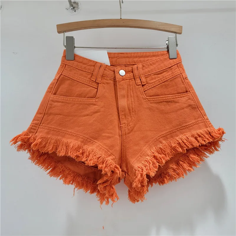 Raw Denim Shorts Women's Jeans New High-waisted Tassel Design A-line Wide-leg Hot Pants Booty Shorts