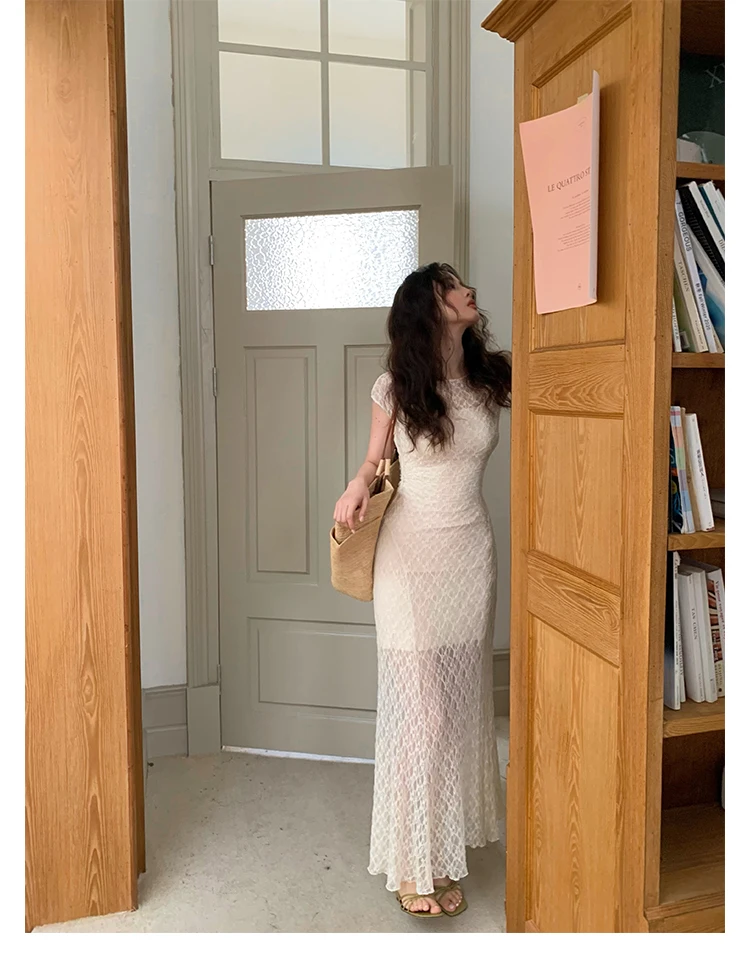 Elegant Mesh Two Piece Dress Set Slim Midi Dresses for Women Frence Retro Lace Y2K Bodycon Birthday Party Dress Prom Vestidos