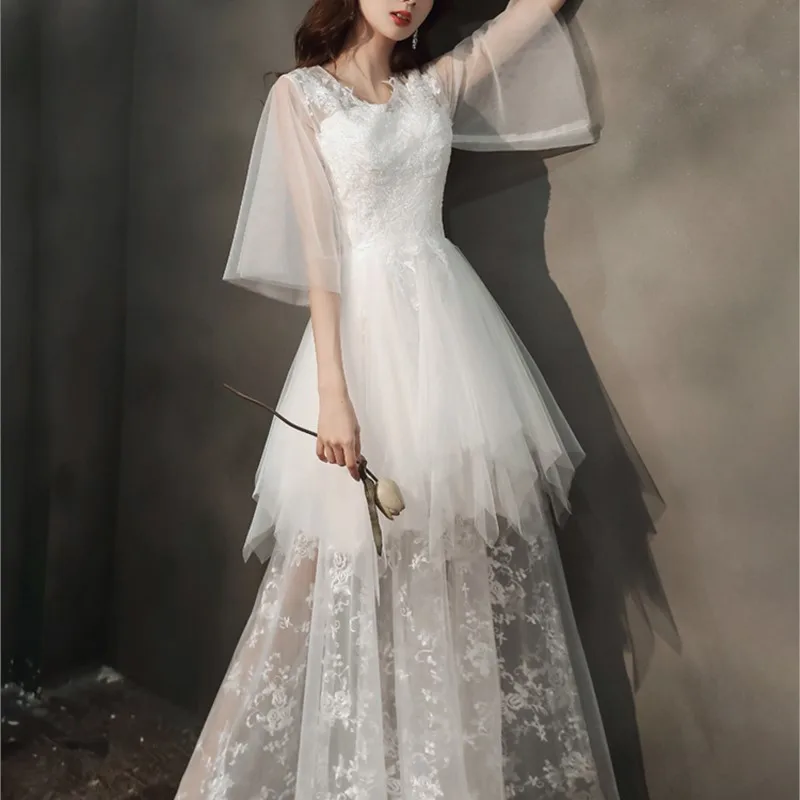 

White Women's New Banquet Temperament Lace Long Dress Fairy Gauze Skirt