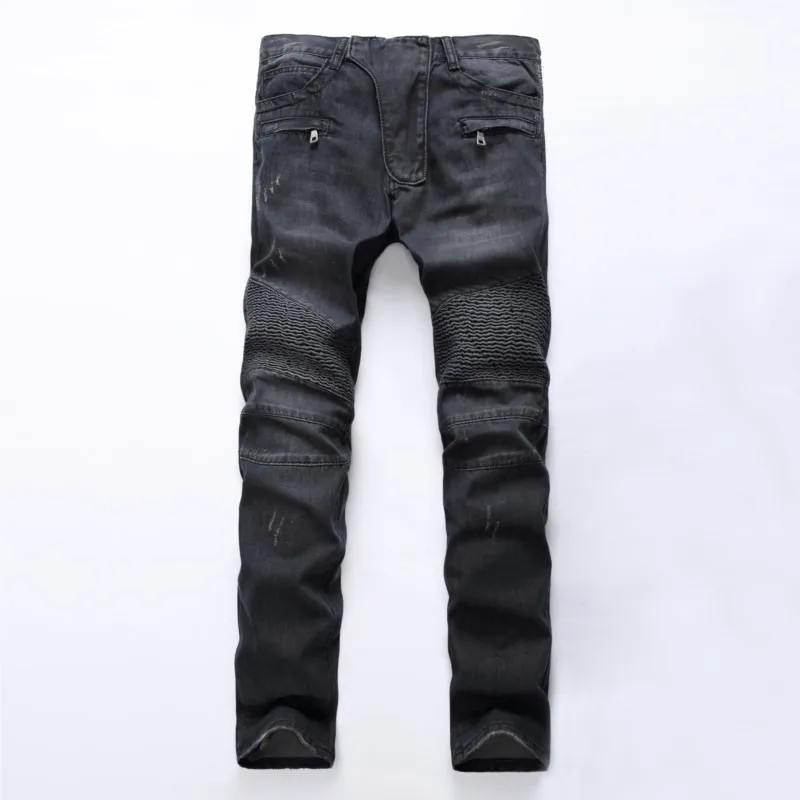 Men Straight Slim Zipper Decoration Light Fold Skinny Denim Jeans Fashion Stretch Hip Hop Jogger