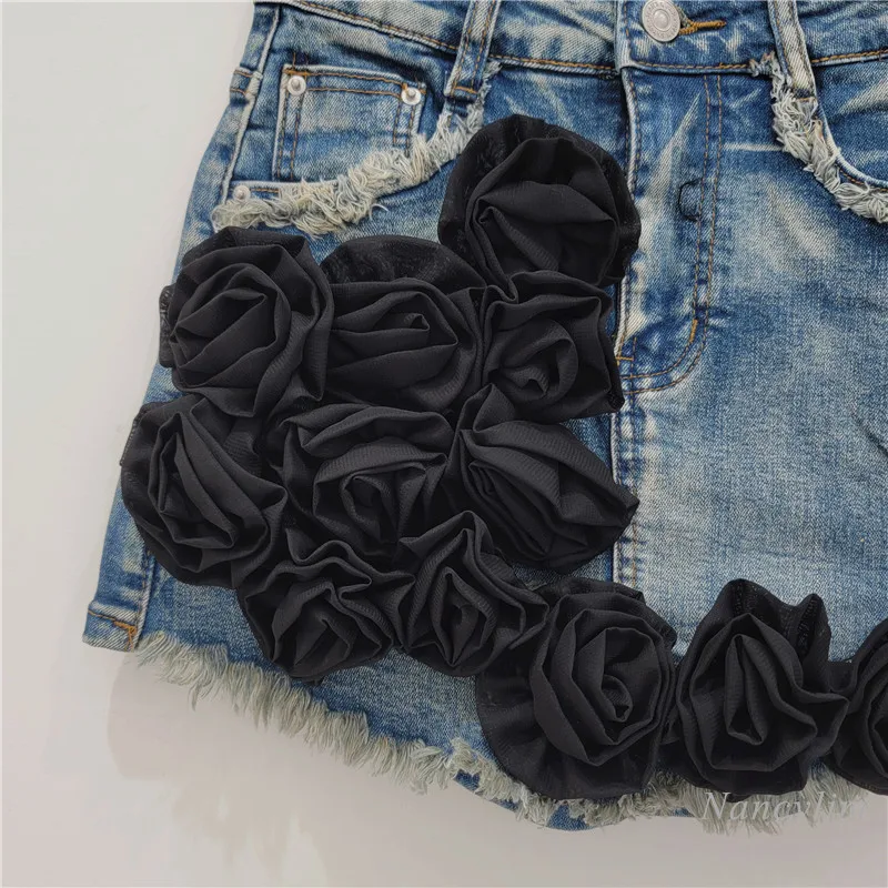 European Style Flower Design Raw Edge Denim Skirt Shorts for Women 2024 Summer New Retro Stretch High Waist A- Line Hot Pants
