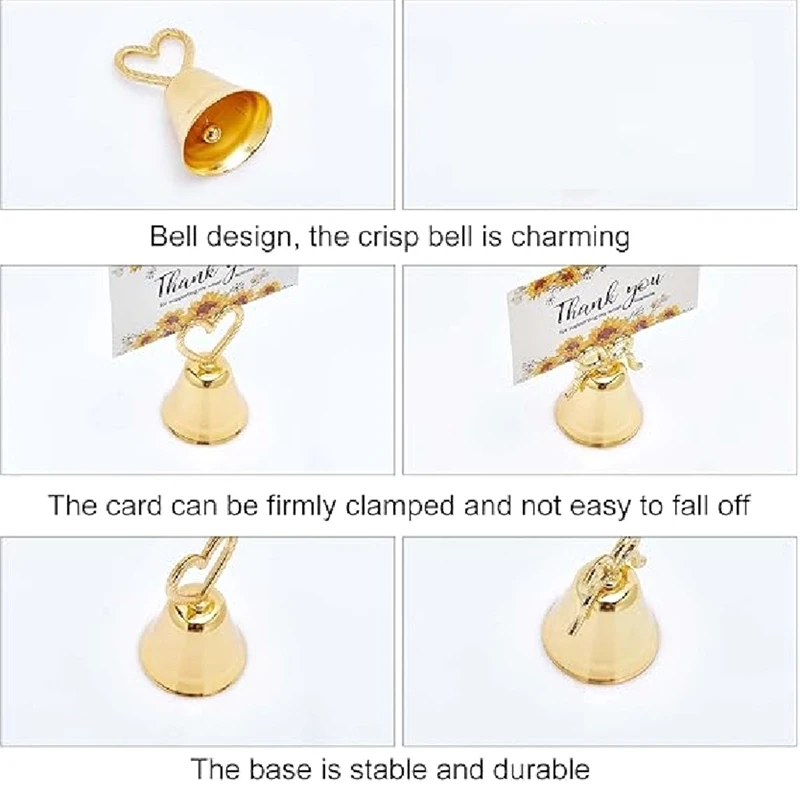8 PCS Place Card Holders 2 Styles Gold Bell Shape Table Number Holders Jingle Bell Book Note Photo Stand Clips Home Decor