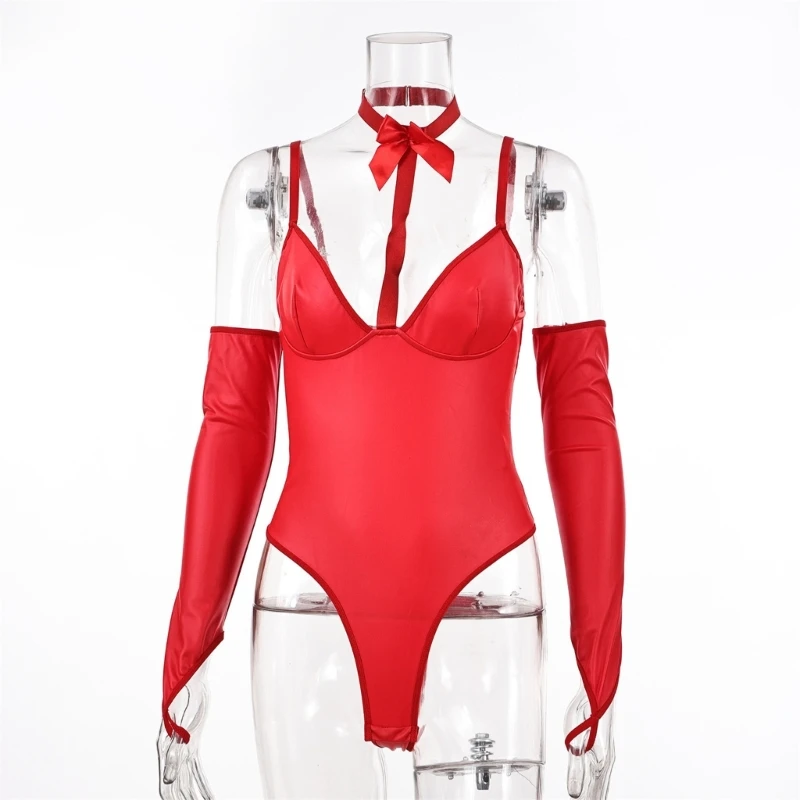 

2023 New Sexy Choker Lingerie Deep V Neck Jumpsuit, Women Suspenders Bodysuit with Arm Sleeves Sexy Lingerie Bodydoll Bodysuit