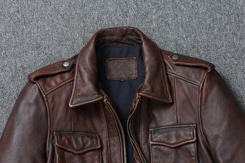 Description Picture 6 of itemGenuine Leather Men's Retro Old-Fashioned Motorcycle Jacket Pure Head Layer Cowhide Slim-Fit lapel Coat Casual Trend