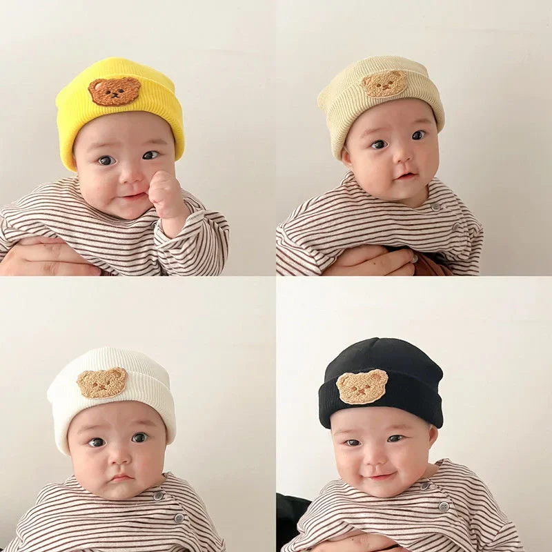 

Korean Baby Newborn Autumn and Winter Hat Cute Bear Knitted Warm Newborn Hat Baby Solid Color Girl Boy Soft Crochet Hat2023