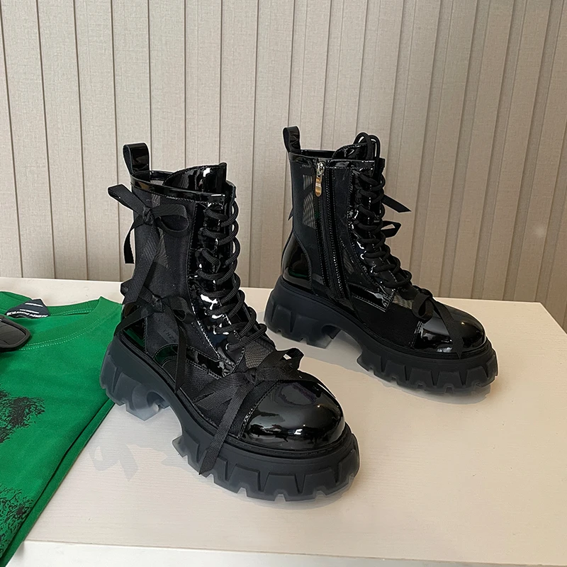 

Женские ботинки, новые дышащие ажурные ботильоны с бантом, модная черная Летняя женская повседневная обувь на молнии со шнуровкой