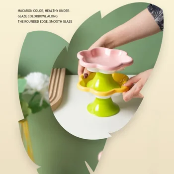 Ceramic Raised Cat Bowl With Flower Design, Elevated Cat Food Bowl Water Plate Snack Dish With Stand For Neck Protection 4