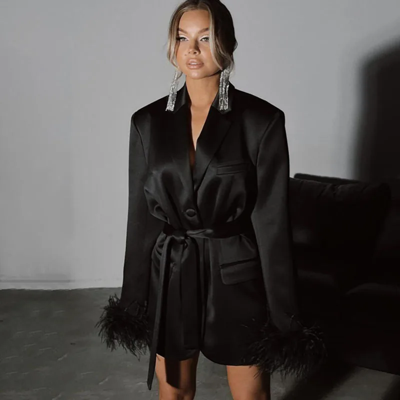 

2023 early autumn new fashion temperament suit collar ostrich hair long-sleeved dress waist high-end sense a-line skirt Vestidos
